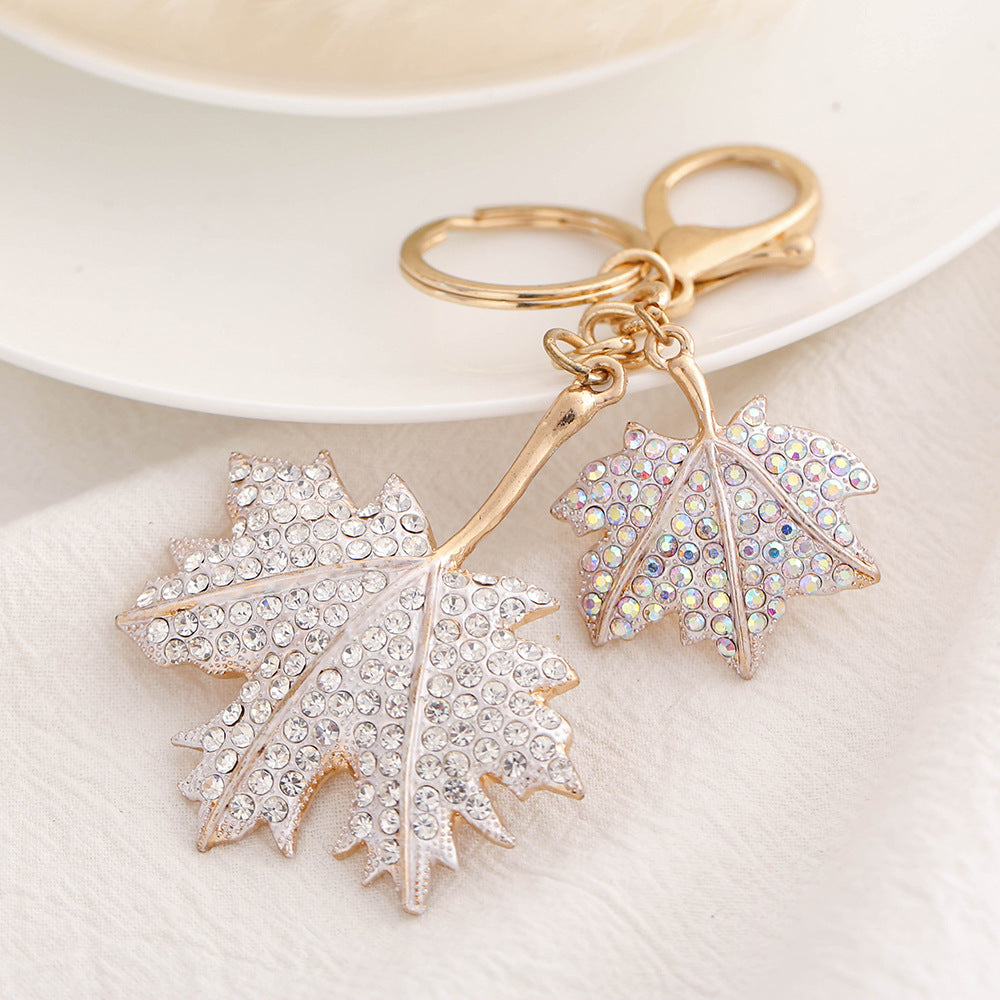 Wholesale Diamond Inlaid Metal Double Maple Leaf Keychain